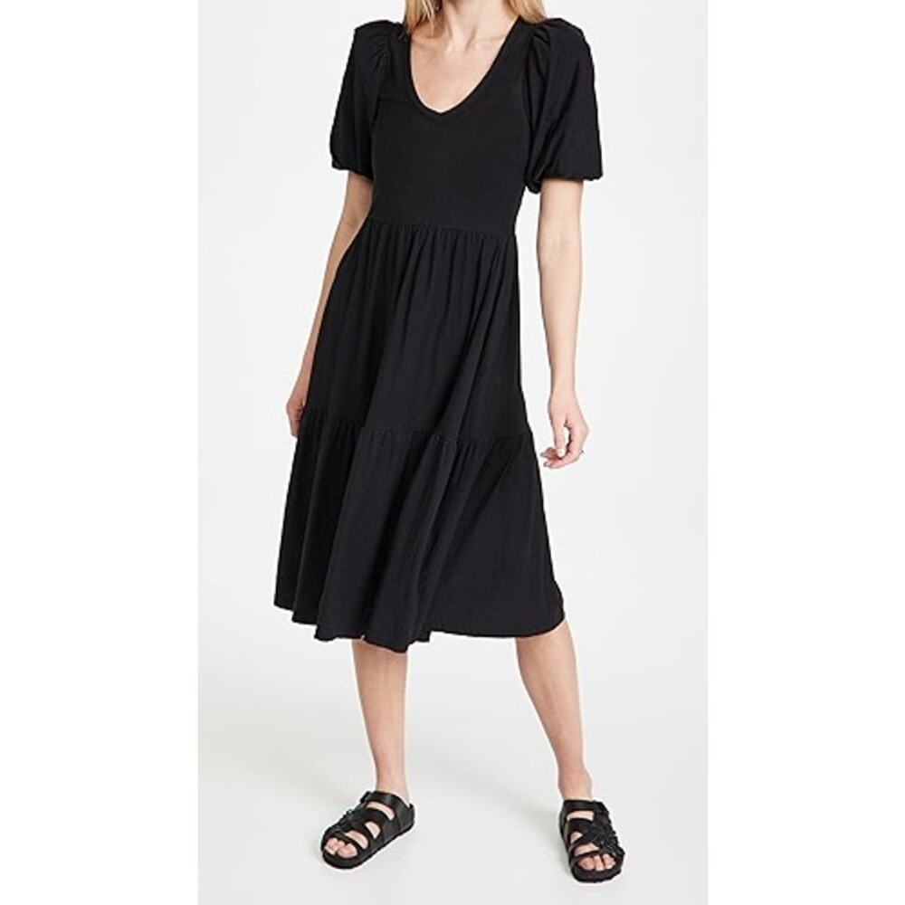 Nation LTD Geri Peasant Tiered Puff Sleeve Midi Dress Black Women's Size Small